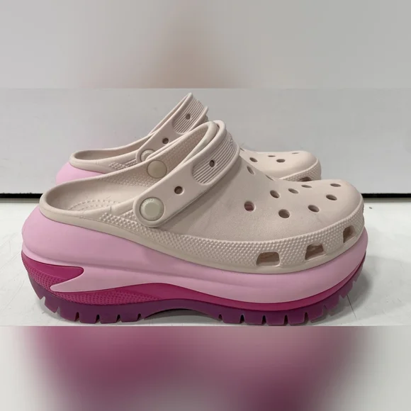 CROCS Women's Mega Crush Matte Cream and Pink Platform Clogs - Picture 1 of 5